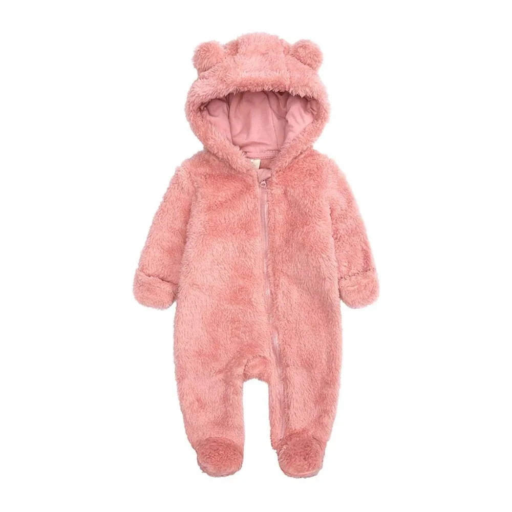 Warm Newborn Pink Baby Snowsuit Cotton Fleece Hooded Romper Bear Pattern 0-3M